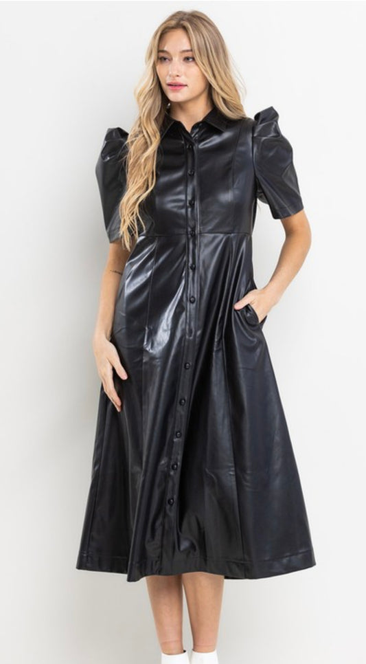 Black vegan leather puff sleeve dress