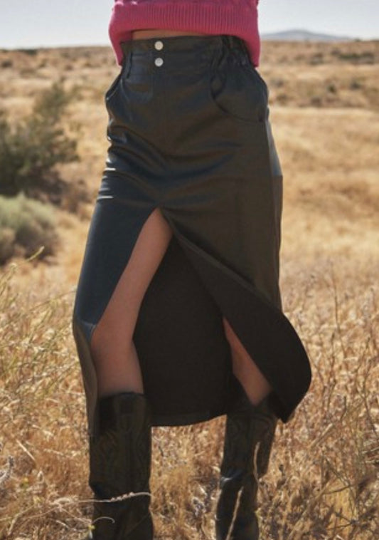 Vegan leather split front maxi skirt